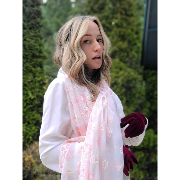 The Charlotte Evening Shawl Embroidered Lace Scarf Wrap Pink White Large Long - Picture 3 of 14